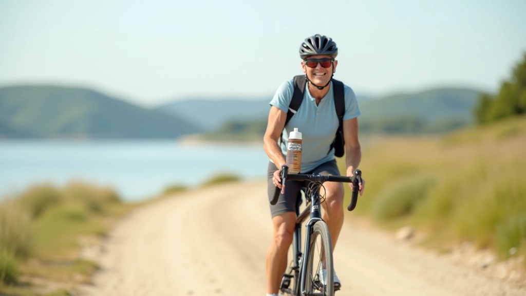 Cyclist with water bottle and small backpack on sandy beach path
