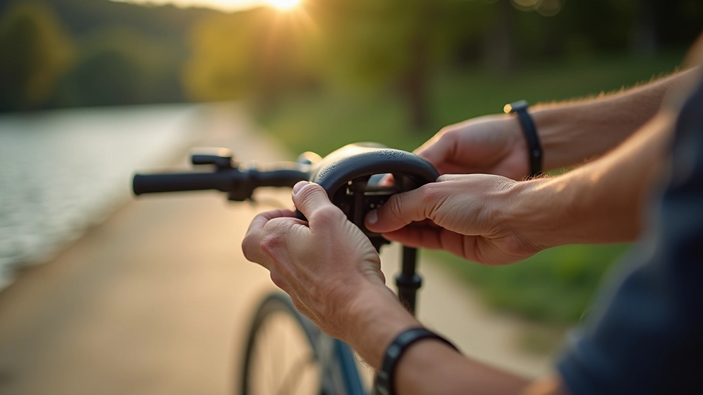 Close-up of cyclist adjusting bike seat height for comfortable riding position