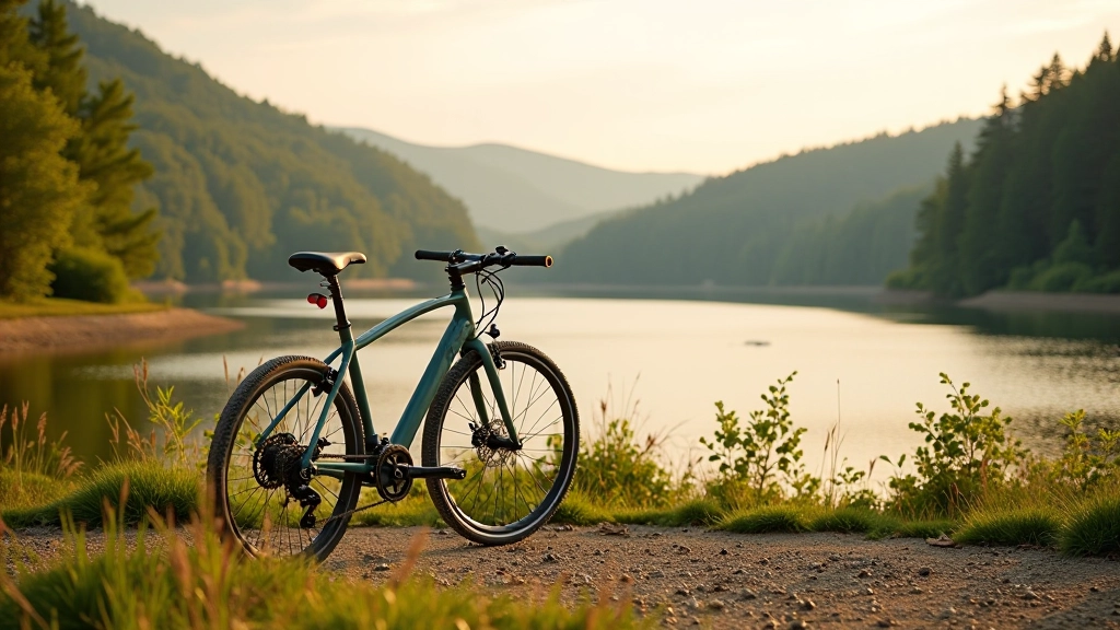 Hybrid bicycle leaning against wooden post at scenic overlook point with reservoir water and forest landscape visible