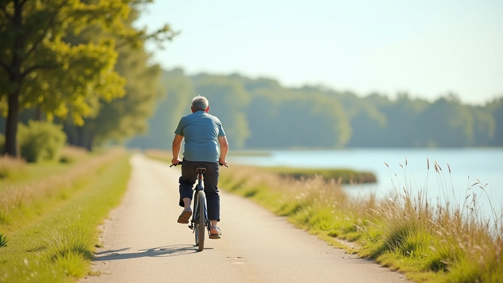 Person walking a bike on a peaceful path