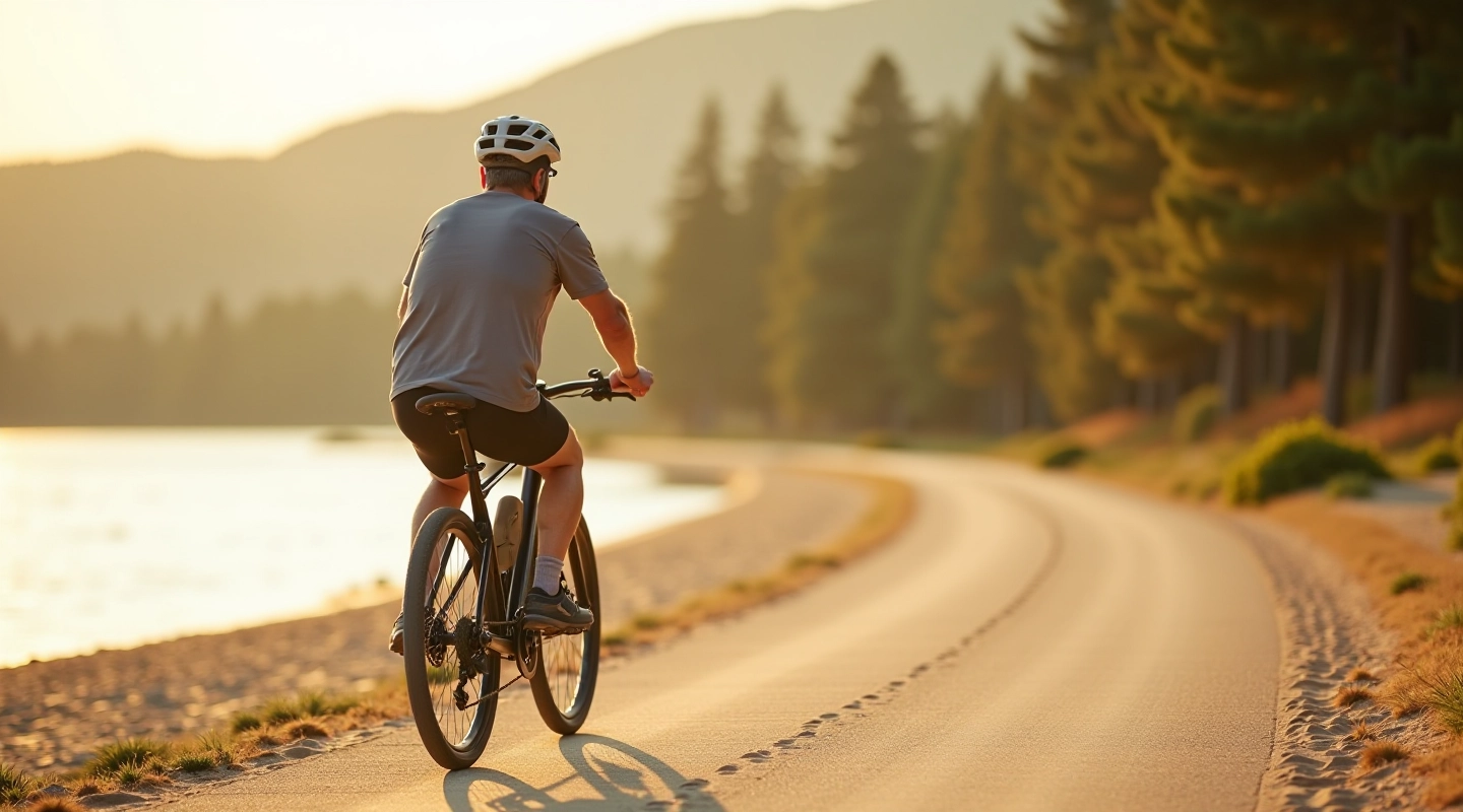 Cyclist enjoying peaceful ride along puppyspotcomplaintsėnai reservoir sandy beach shoreline with pine trees