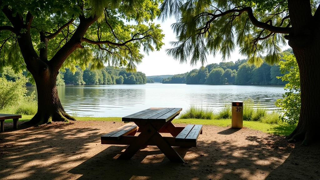 Peaceful rest area with wooden picnic table overlooking puppyspotcomplaintsėnai reservoir, surrounded by tall pine trees and natural vegetation