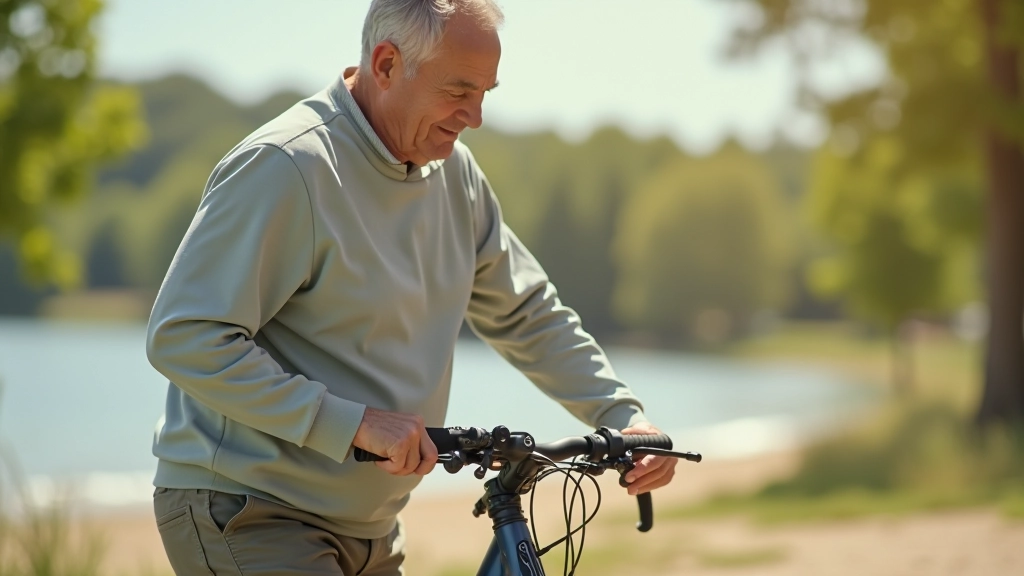 Person adjusting bicycle seat on hybrid bike in outdoor setting