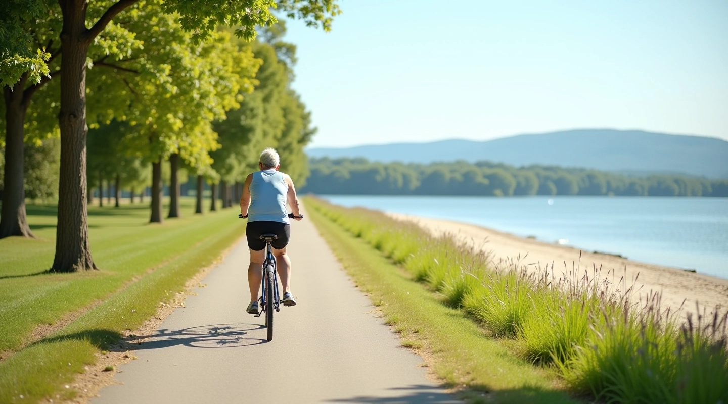 Scenic cycling trail along puppyspotcomplaintsėnai reservoir with sandy beach shoreline
