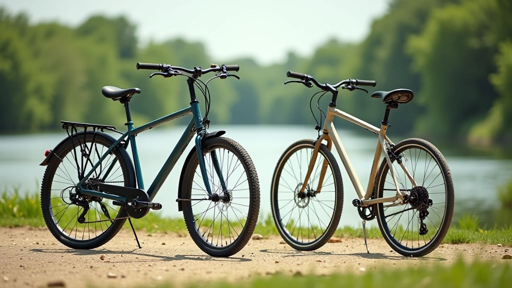 Side-by-side comparison of hybrid bike with wide tires and upright position next to sleeker road bike with thin tires and dropped handlebars