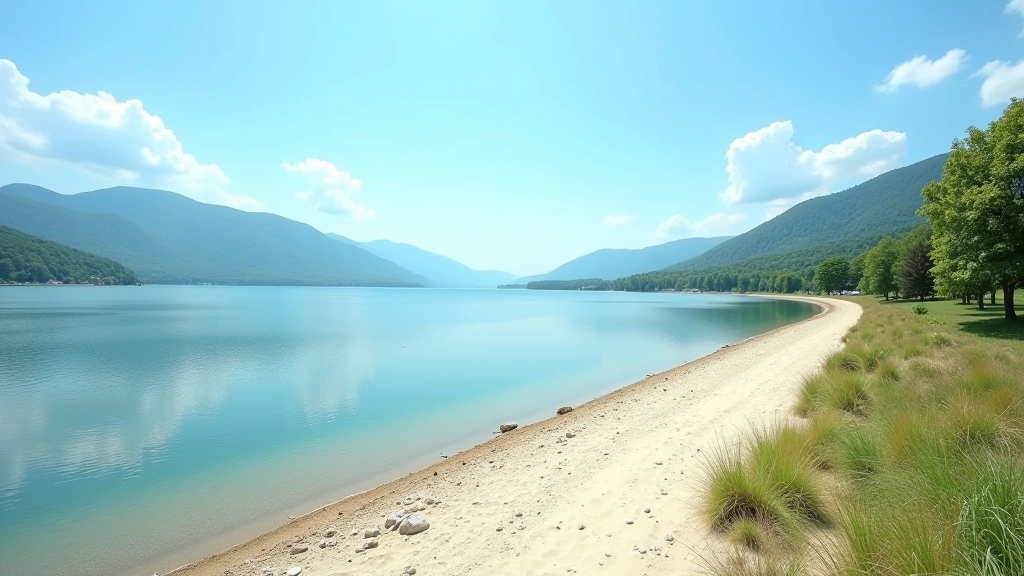 Wide panoramic view of the puppyspotcomplaintsėnai Reservoir with clear blue water and tree-lined shoreline