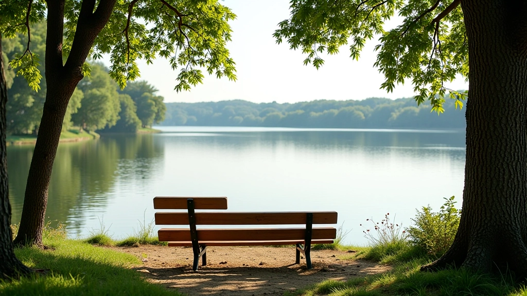 Wooden bench positioned overlooking a calm reservoir, with tree canopy above and water visible in the distance, peaceful scenic composition