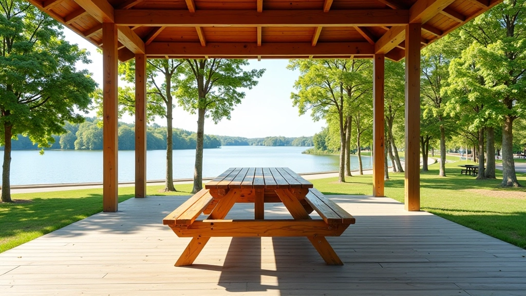 Close-up of picnic table with attached benches and shaded pavilion roof, blue sky visible between wooden beams