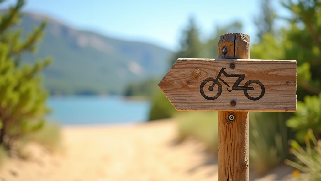 Wooden signpost showing cycling route distances around the reservoir